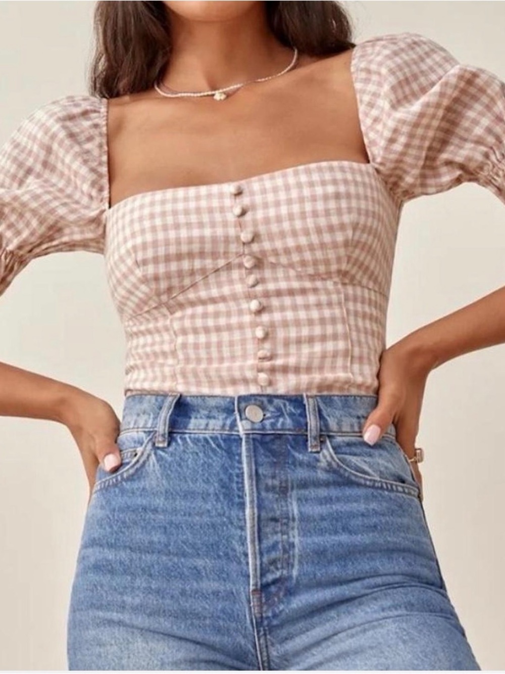 Reformation Blush Gingham Square-Neck Puff Sleeve Crop Top